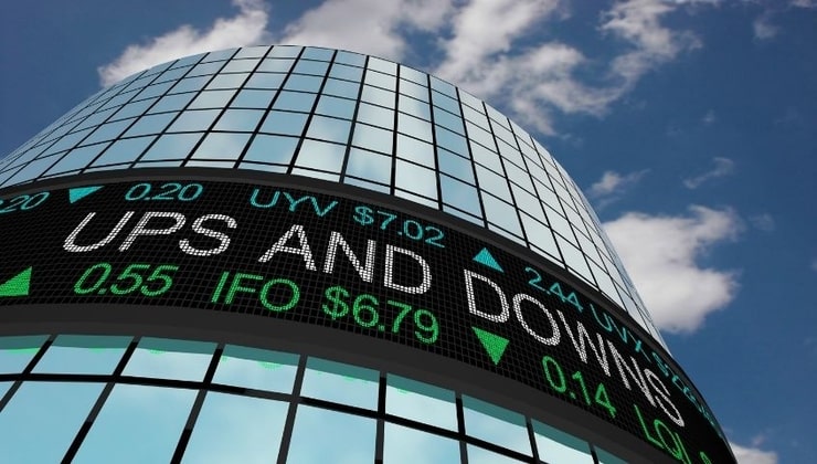 Skyscraper glass windows stock tickers